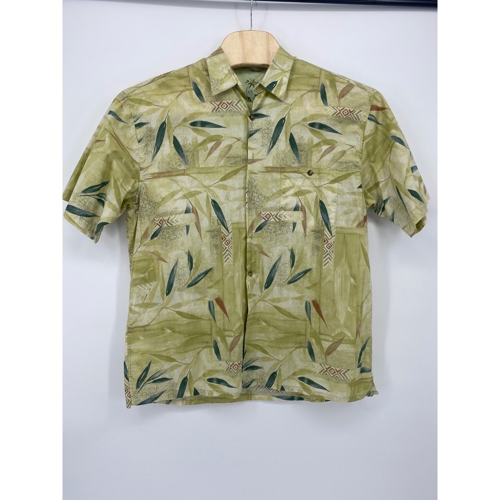 Bamboo Cay Button Up Shirt Mens L Green Excellent Tropical Bamboo Leaf Cotton